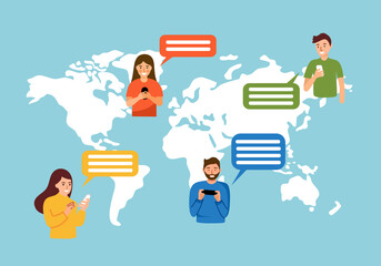 Global online chat in social media concept vector illustration. People chatting, sending message, video call via internet on smartphone app with world map background. 
