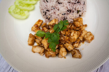 Fried chicken with rice is a Thai food that is decorated within plate beautifully and It is a popular food.