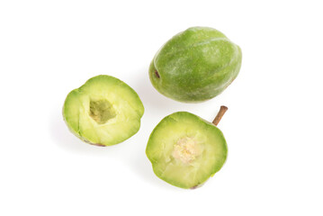 Terminalia chebula or chebulic myrobalans, fruits isolated on white background.top view,flat lay.