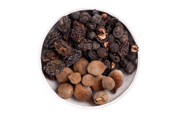 Terminalia bellirica , Terminalia chebula and Phyllanthus emblica isolated on white background.Top view ,flat lay.