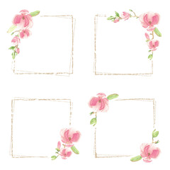 watercolor pink magnolia minimal square frame collection for banner or logo