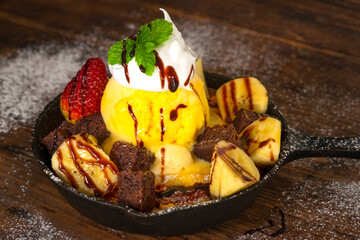 Cakes, sweets, pancakes and cream