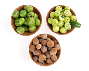 Indian Gooseberry ,terminalia chebula and terminalia bellirica isolated on white background.top view,flat lay.