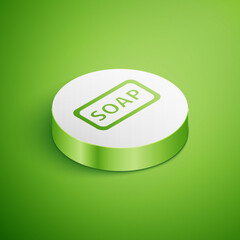 Isometric Bar of soap icon isolated on green background. Soap bar with bubbles. White circle button. Vector Illustration
