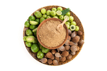 Terminalia bellirica , Terminalia chebula , Phyllanthus emblica and powder isolated on white background.Top view ,flat lay.
