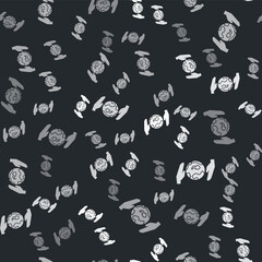Grey Human hands holding Earth globe icon isolated seamless pattern on black background. Save earth concept. Vector Illustration
