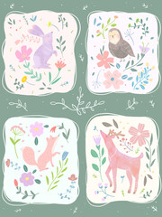 かわいい北欧風草花と動物の白バックイラスト素材 Advertisement Wall Mural Advertiseme Melchi