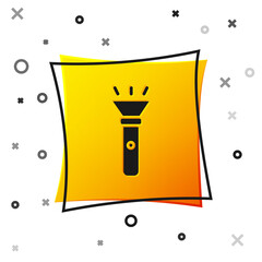 Black Flashlight icon isolated on white background. Yellow square button. Vector