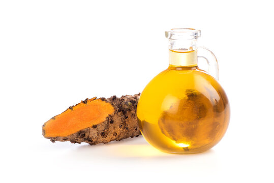 Zedoary or Curcuma zedoaria rhizome and oil isolated on white background.