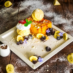 Cakes, sweets, pancakes and cream