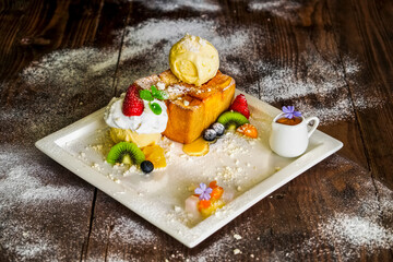 Cakes, sweets, pancakes and cream