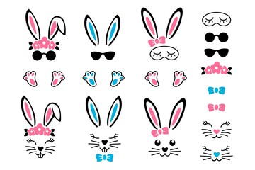Set of Easter Bunny color collection isolated on white background. Easter bunny icons. Vector flat illustration. Design for coloring book, greeting card, print.