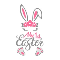 My first Easter quote with Bunny baby girl isolated on white background. Easter bunny icons. Vector flat illustration. Design for textile, greeting card, print.
