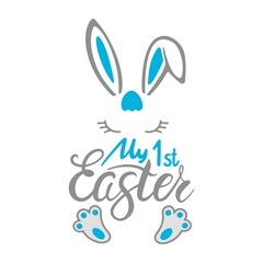 My first Easter quote with Bunny baby boy isolated on white background. Easter bunny icons. Vector flat illustration. Design for textile, greeting card, print.