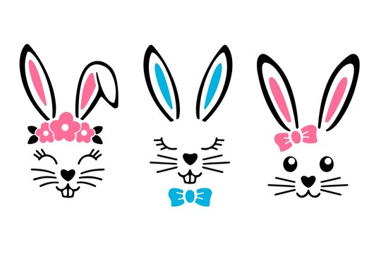 Set of Bunny faces color collection isolated on white background. Easter bunny icons. Vector flat illustration. Design for coloring book, greeting card, print.