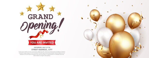 Grand opening card design with gold ribbon and confetti - obrazy, fototapety, plakaty