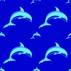 Dolphin on a blue background, texture for design, seamless pattern, vector illustration