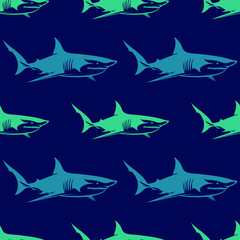 Shark on a blue background, texture for design, seamless pattern, vector illustration
