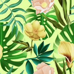 Beautiful colorful tropical leaves background. seamless pattern design floral style and bright colors. Tropical leaves pattern iridescent.