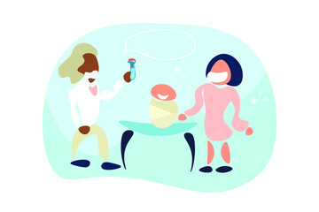 Vaccine for baby. Vaccination against the virus in the hospital. Mom with a child and a doctor