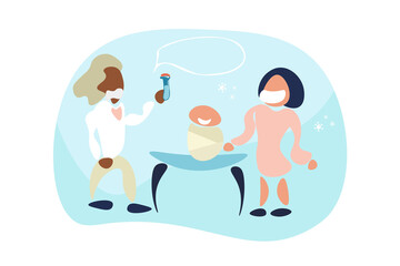 Vaccine for baby. Vaccination against the virus in the hospital. Mom with a child and a doctor