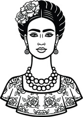 Animation portrait of the young beautiful mexican woman with a traditional hairstyle. Vector illustration isolated on a white background. Print, poster, emblem, card, t-shirt.