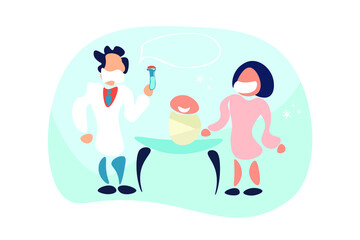Vaccine for children. Vaccination against the virus in the hospital. Mom with a child and a doctor