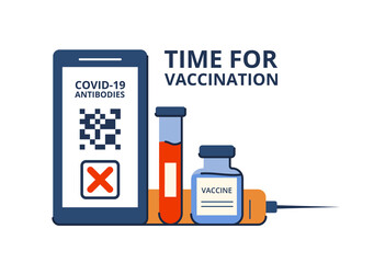 Time of vaccination against covid-19. Virus protection. Testing for antibodies. QR code on a smartphone with a test result. Isolated concept on white background. Vector