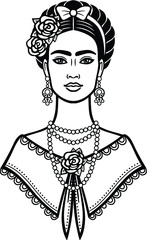 Animation portrait of the young beautiful mexican woman with a traditional hairstyle. Vector illustration isolated on a white background. Print, poster, emblem, card, t-shirt.