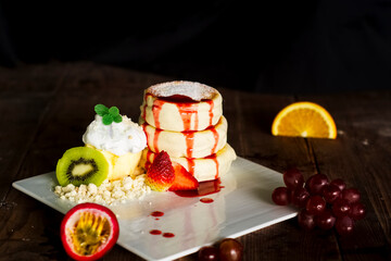 Cakes, sweets, pancakes and cream