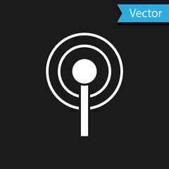 White Antenna icon isolated on black background. Radio antenna wireless. Technology and network signal radio antenna. Vector