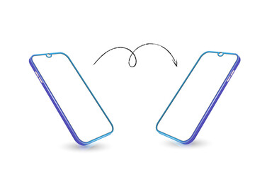 Two smartphones at different angles. Mobile phones isolated on white background, different sides of the Mockups. Smartphone generic device. 3D realistic gadgets.