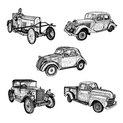 Set of the hand drawn vintage retro old timer cars and racing car doodle sketch graphics monochrome vector tracing illustration on white background