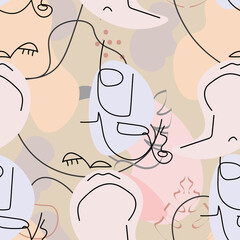 One line drawing. Abstract face seamless pattern.