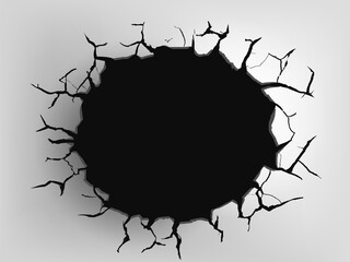 Broken wall with a black hole and cracks.