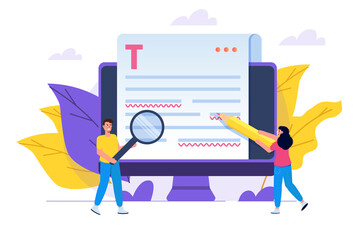 Editable online document. Blogger, copywriter or journalist concept. Editor work. Creative writing and storytelling, copywriting . Online education, distant learning. Vector illustration.