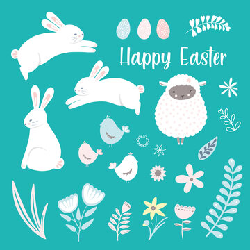 Easter clip art icon set. Vector seasonal isolated images of Easter time decorative elements, cute bunny, lamb, eggs, chicks, foliage and flowers. 