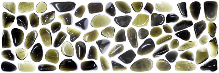 Gold Obsidian Isolated Stones Set Texture Background.