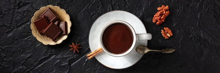 Hot chocolate panorama on a black background