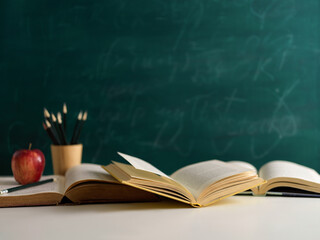 Study table with opened books, pencils and apple on white desk with chalkboard wall background