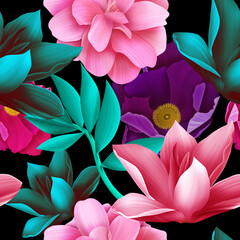 Colourful Seamless Pattern with tropic flowers and leaves.