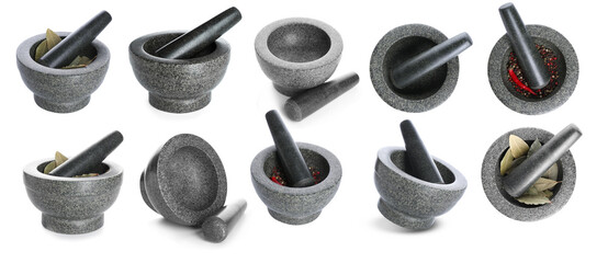 Collage of mortar and pestle on white background - obrazy, fototapety, plakaty