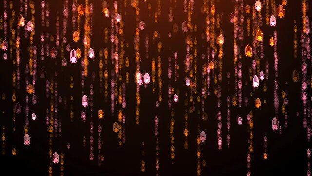 Seamless Loop Artistic Brown Abstract Shiny Glitter Jain Symbol Hand With A Wheel On The Palm Confetti Falling Rain Background Animation