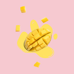 Flying ripe mango with pieces on color background