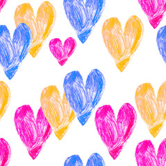 Seamless pattern of hearts of red, yellow and blue colors isolated on a white background. Background for packaging paper, fabric, stationery.