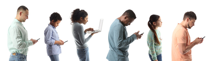 People with bad and proper posture using gadgets on white background