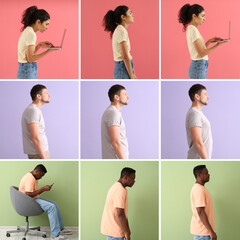 Set of people with bad and proper posture on color background