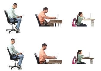 Sitting people with bad and proper posture on white background