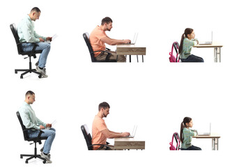 Sitting people with bad and proper posture on white background