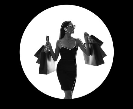 recommend clip art: Silhouette of young woman with shopping bags on white background